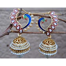 Golden Polki Diamond and Pearl Peacock Jhumkas